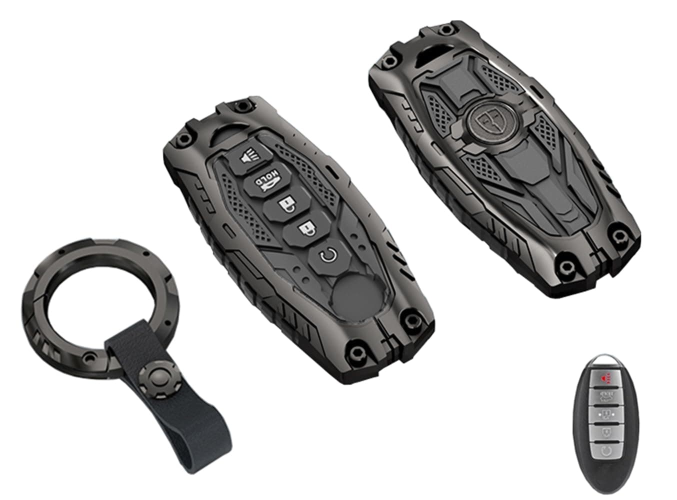 Heavy Duty Key Fob Cover for Nissan Altima Armada Maxima Murano Pathfinder Rogue Titan Armada Altima Versa Sentra Zinc Alloy Keyless Entry Key Fob Case Protector with Keychain (Black)
