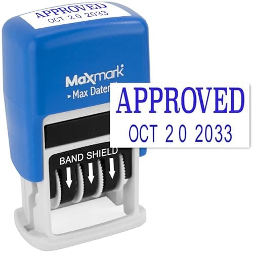MaxMark SelfInking Rubber Date Office Stamp with Approved Phrase Date Blue Ink Max Dater II 12Year Band