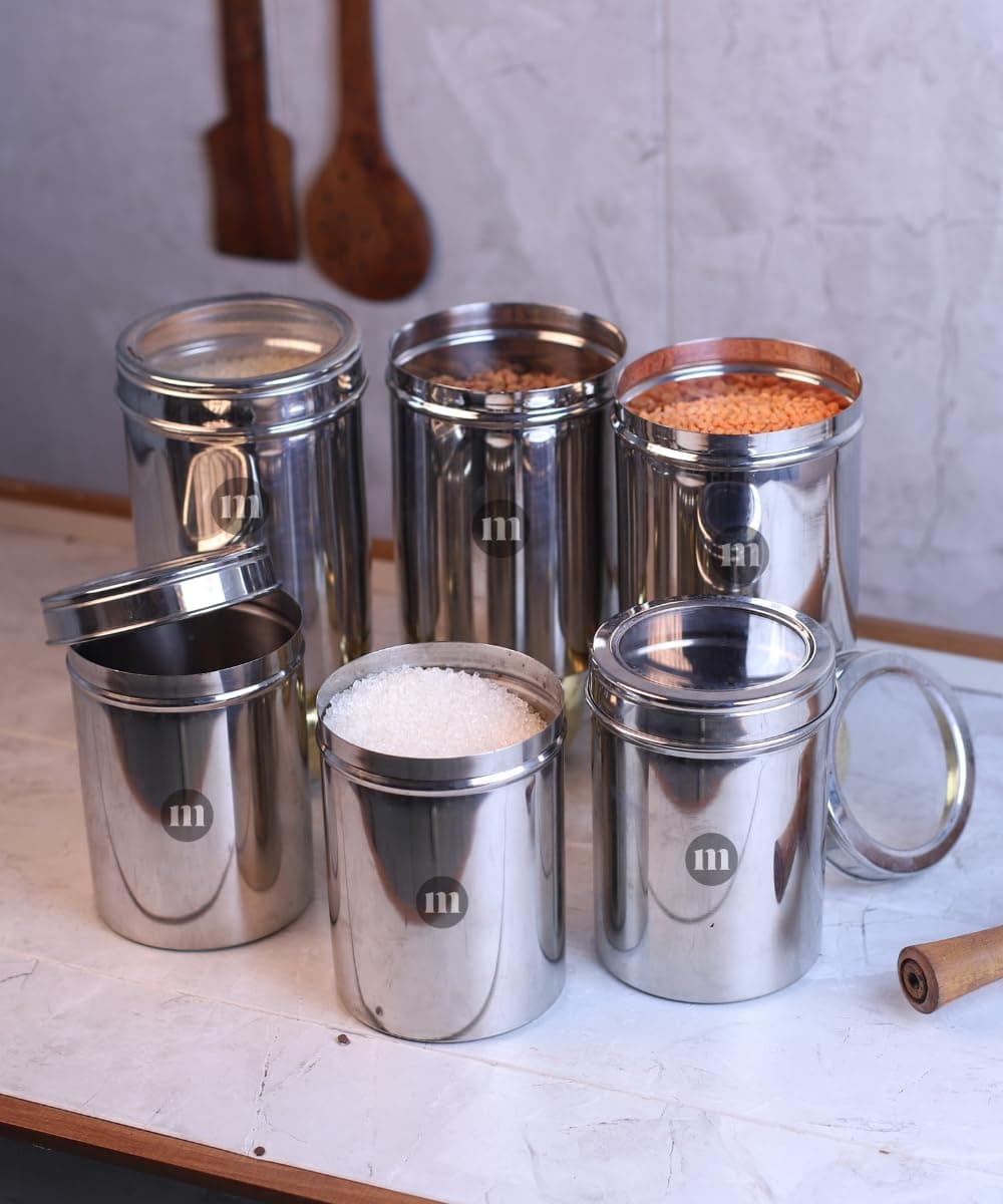 MARU Stainless Steel Containers for Kitchen Set of 6 (750g 3 Pcs + 1Kg 3 Pcs), Airtight Dal Pulses Dabba, Multipurpose Storage Box for Biscuits,Namkeen, Dry Fruits, See Through Steel Jar with push Lid