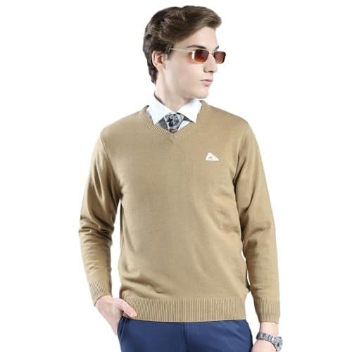 Monte Carlo Men's Regular Fit Pullover | Solid Pattern | Pull On Closure with Full Sleeves V Neck Winter Pullover for Men's Beige L (Pack of_1)