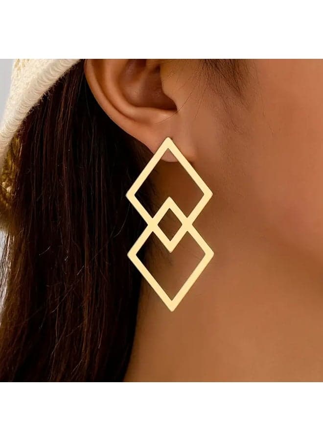 KC Gold Plated Double Diamond Geometric Earrings for Women – Minimalist Hypoallergenic Studs, Elegant Everyday & Party Jewelry