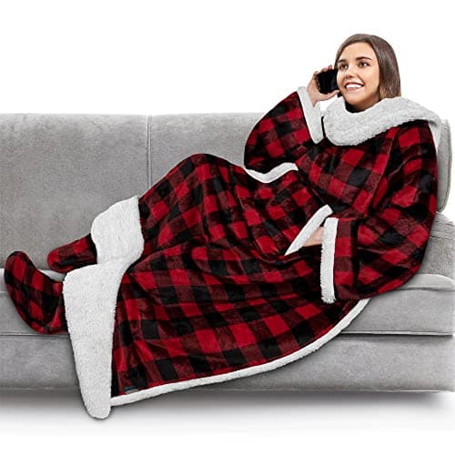 PAVILIA Sherpa Blanket with Sleeves, Foot Pocket for Women Men Adults, Thick Wearable Blanket Throw Wrap, Fleece Warm Snuggle Blanket Robe, Cozy Gift Ideas Wife Mom, Checkered Red