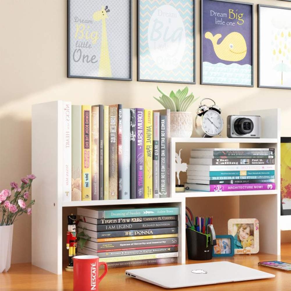 Ulrikco Expandable Wood Desktop Bookshelf Desktop Organizer Office Storage Rack Free Style Wood Display Stand Shelf Corner Desk Storage Shelf Countertop Bookcase for Office Supplies White
