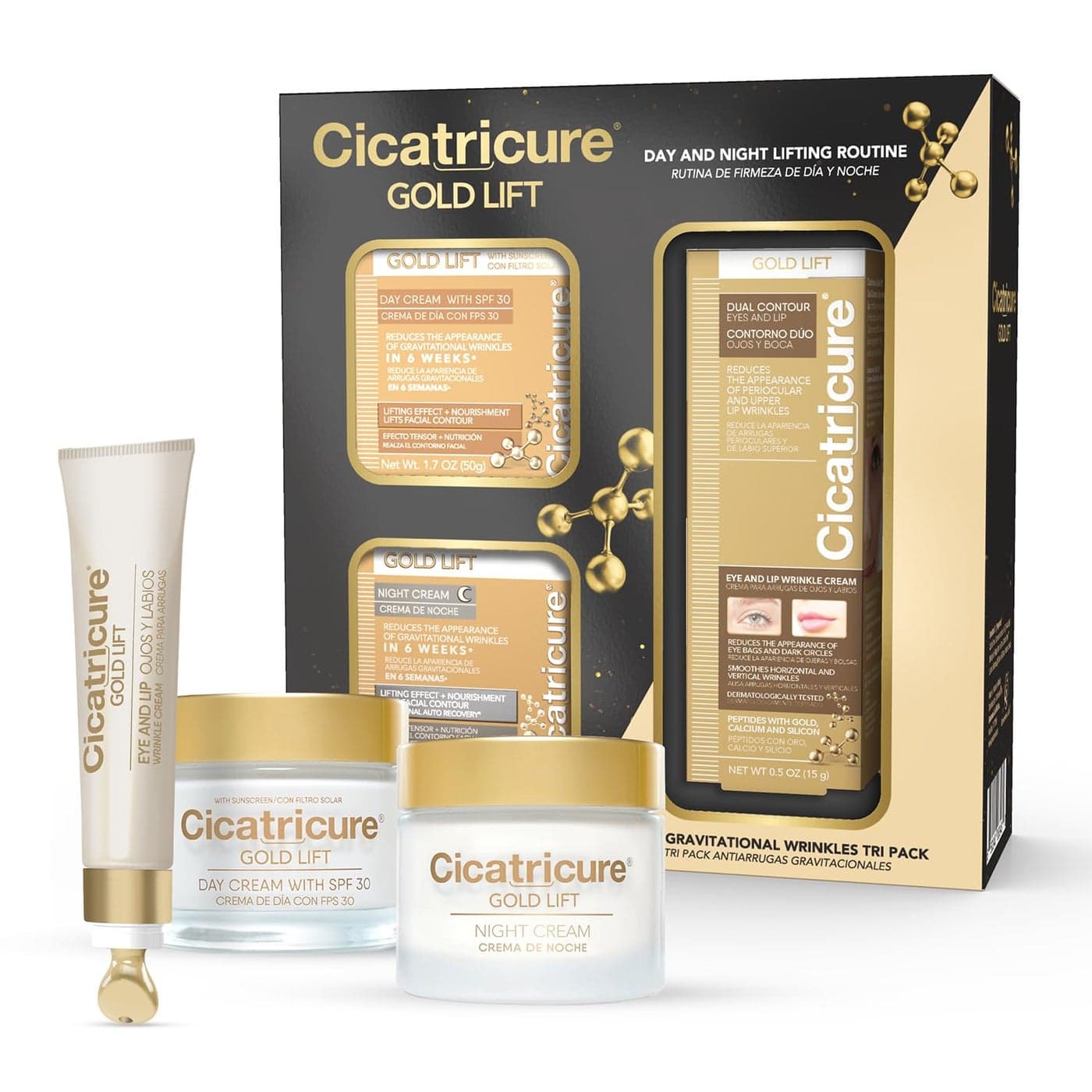CICATRICURE Gold Lift Anti Gravitational Wrinkles Skin Care Gift Set with Day AntiWrinkle Cream SPF 30 Night AntiWrinkle Cream Dual Contour Eye and Lip Wrinkle Cream 3 Piece Set