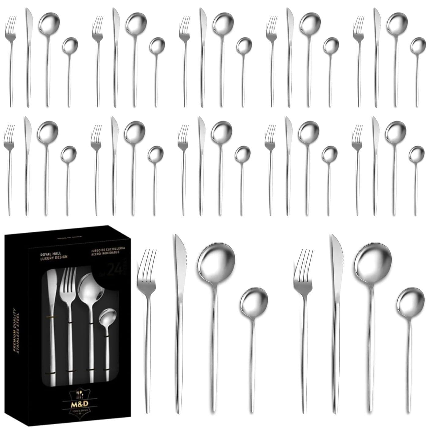 KitchAntique Sterling Silver Silverware Set Satin Finish French Style 48Piece Stainless Steel Flatware Set with Giftable Box Dishwasher Safe Tableware for Home Restaurant Corporate Gifting