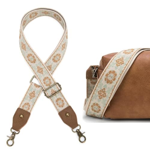 Aeiruo Purse Strap, 1.5" Cowhide Head Wide Shoulder Bag Strap Adjustable Replacement,Jacquard Embroidery Crossbody Bag Straps (Beige Flower)