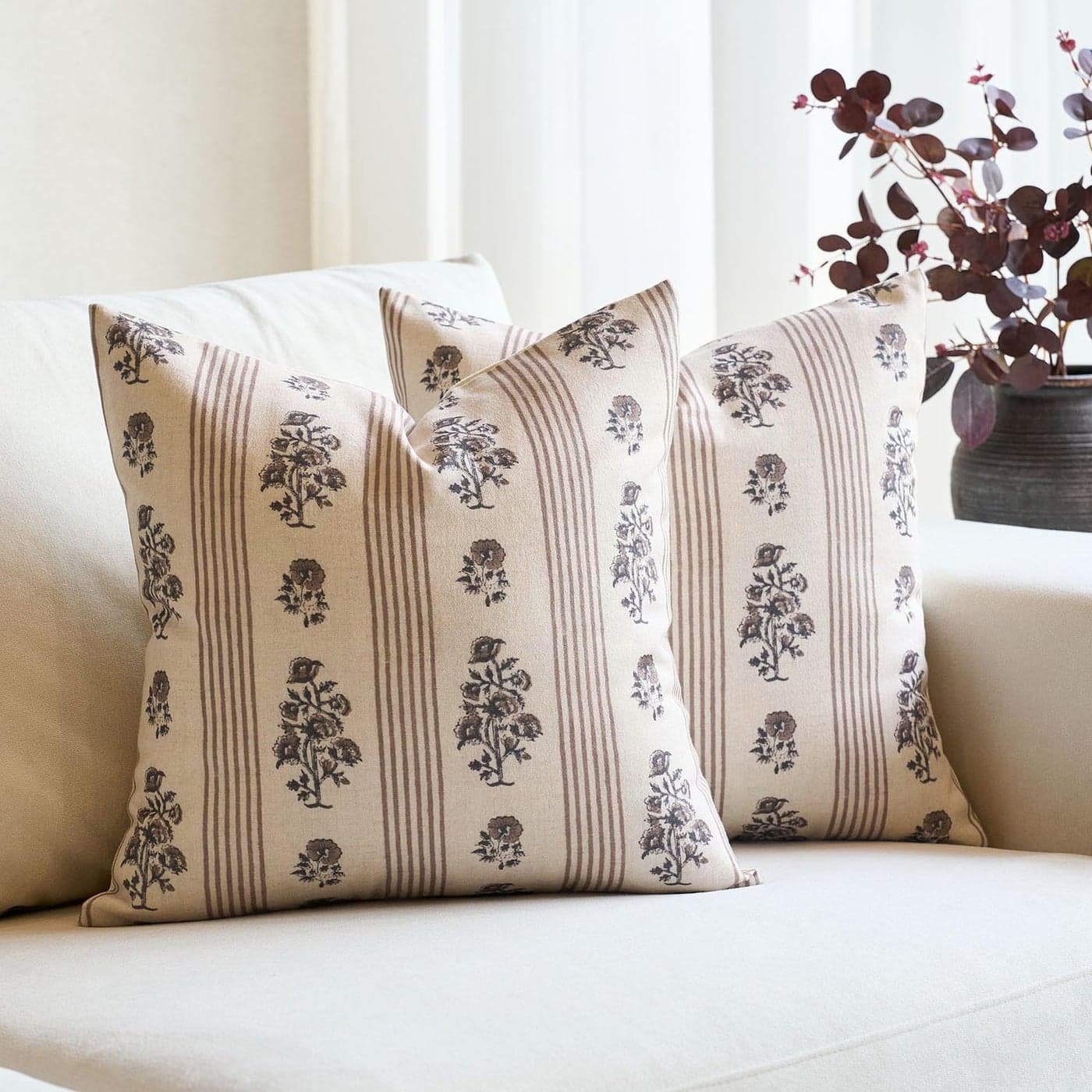 Amor Virisso Floral Throw Pillow Covers 18x18 Set of 2 Block Print Pillow Covers Neutral Floral Striped Farmhouse Decorative Pillow Covers for Sofa Couch Bed Brown