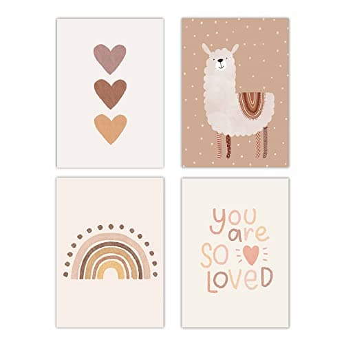Canssape Boho Nursery Decor Set of 4 Unframed 8in x 10in Canvas Wall Art Lovely Alpaca Safari Decorations for Baby Room Nursery Wall Decor with Rainbow and Cactus Creative Alphabet Chat Love