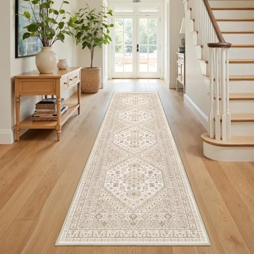 Restydon Runner Rug 2x8 Runners for Hallways Non Slip Washable, Vintage Hallway Runner Rugs for Living Room, Low Pile Soft Hallway Rug for Kitchen Bedroom Laundry Room(Cream/Beige,2'x8')