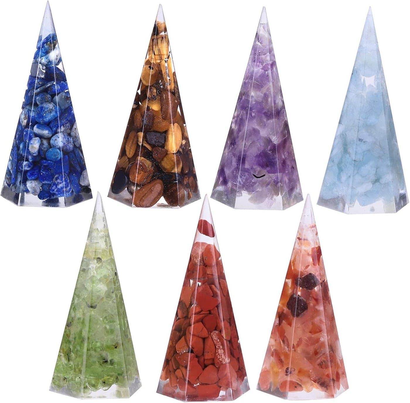 SUNYIK Mini 7 Chakra Orgone Pyramid Set of 7, 6 Faceted Crystal Point Wand Orgonite Energy Generator for Protection Reiki Balancing Yoga Meditation