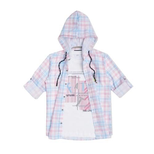 CAVIO Boys Checks Print Hooded Shirt and T-Shirt Pink