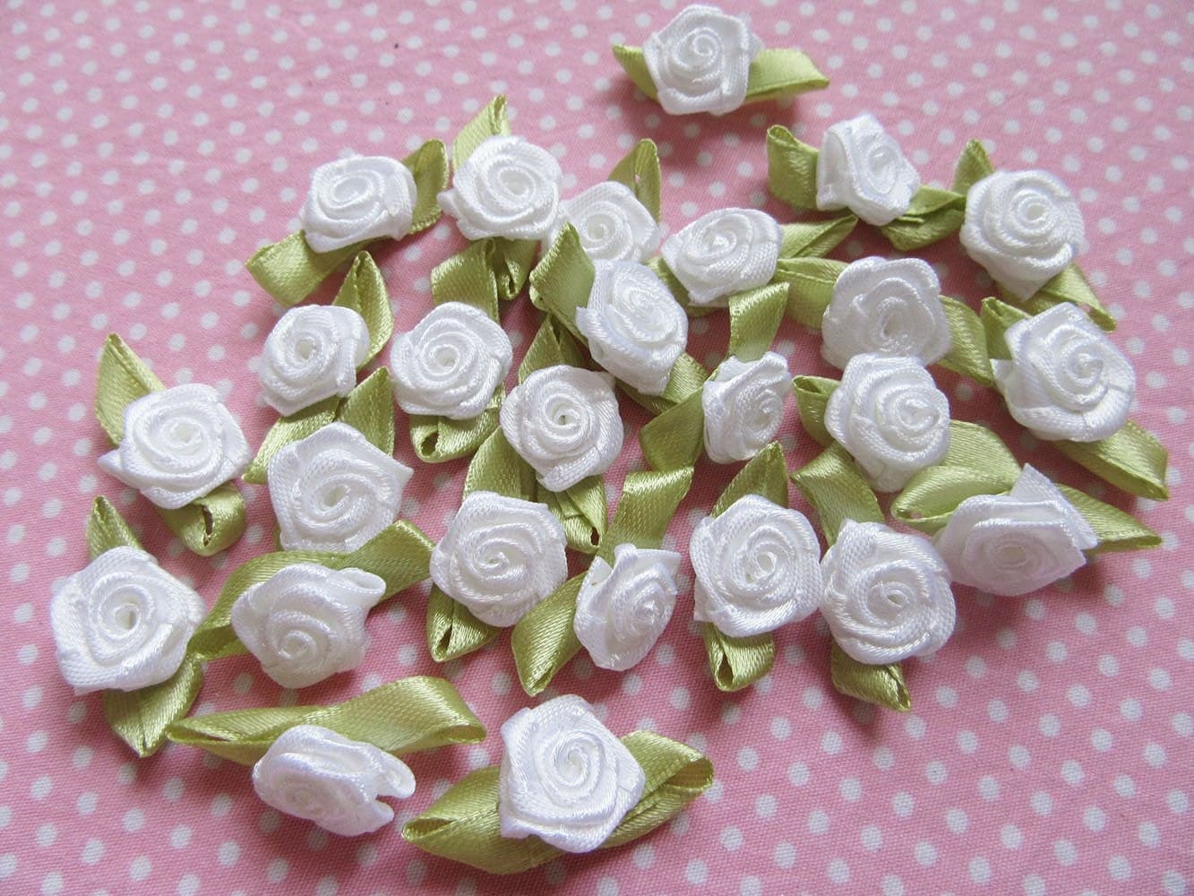 YYCRAFT Pack of 100 pcs Satin Ribbon Rose wLeaf Wedding Bride AppliquesCraft White