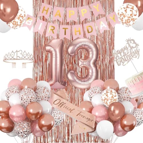 13th Birthday Decorations for Girls Rose Gold 13th Birthday Banner Balloon Cake Topper Sash and Crown Happy 13th Birthday Party Decorations for Girls