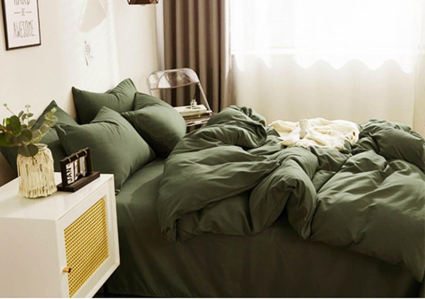 Nanko King Duvet Cover Set, Olive Green Luxury Microfiber Comforter Quilt Bedding Cover with Zip Closure Ties - Modern Farmhouse Style for Men and Women Chambray Teen, 3pc Size 104 x90