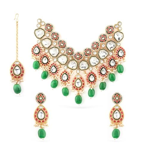 Rubans Necklace Set Kundan Gold Plated Ruby Green Beaded Bridal Choker Gift for Women and Girls Wedding Jewellery