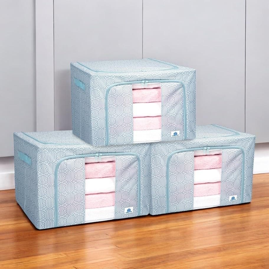HomeStrap 66L Foldable Living Box | Spacious Organizer | Durable Oxford Fabric with Steel Frame, Zipper & Handles | Perfect for Quilts, Clothes, Books, Bedding (Pack of 3)
