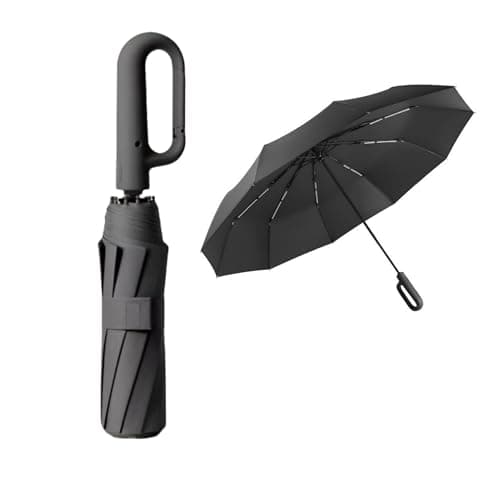 FlyNautics Foldable Umbrella for Travel,42inch 10 Ribs Heavy Duty Automatic Open Shut Umbrella with Comfortable Carabiner Handle for Men Women Rain Sun Windproof Loop Buckle Parasol Black