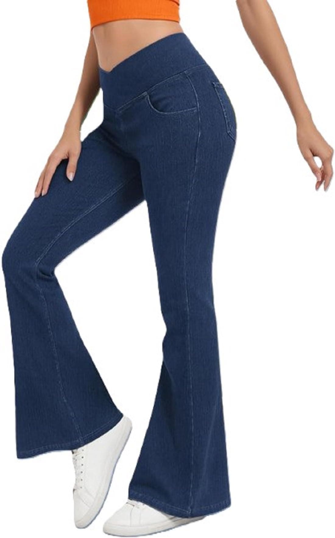 ADBUCKS Flared Jeggings for Women High Waisted Bell Bottom Jeans Trendy Stretchy Flare Jeggings with Pockets (in, Numeric, 34, Dark Blue)