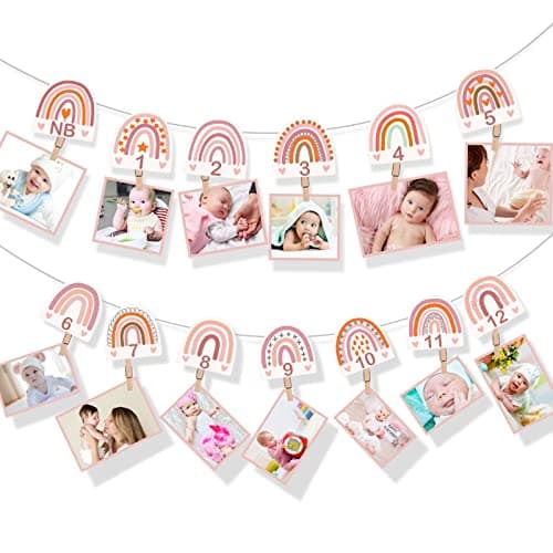 Laumoi Boho 1st Birthday Rainbow Photo Banner for Baby from Newborn to 12 Months Bohemian Baby Monthly Milestone Photo Banner Pink Garland for Birthday Party Supplies Booth Props Decor