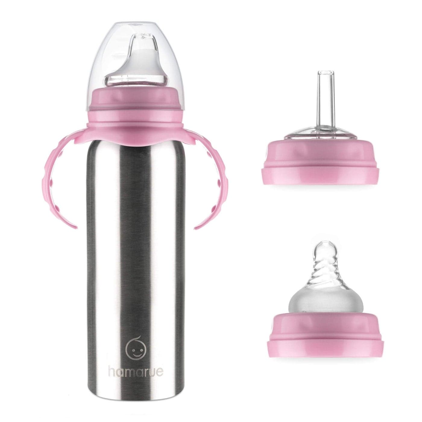 Hamarue 3in1 Stainless Steel Sippy Cups for Toddlers NonToxic Insulated Stainless Steel Baby Bottle Straw Cup With Removeable Handles Plastic Free Liquid Transfer 8 oz Pink