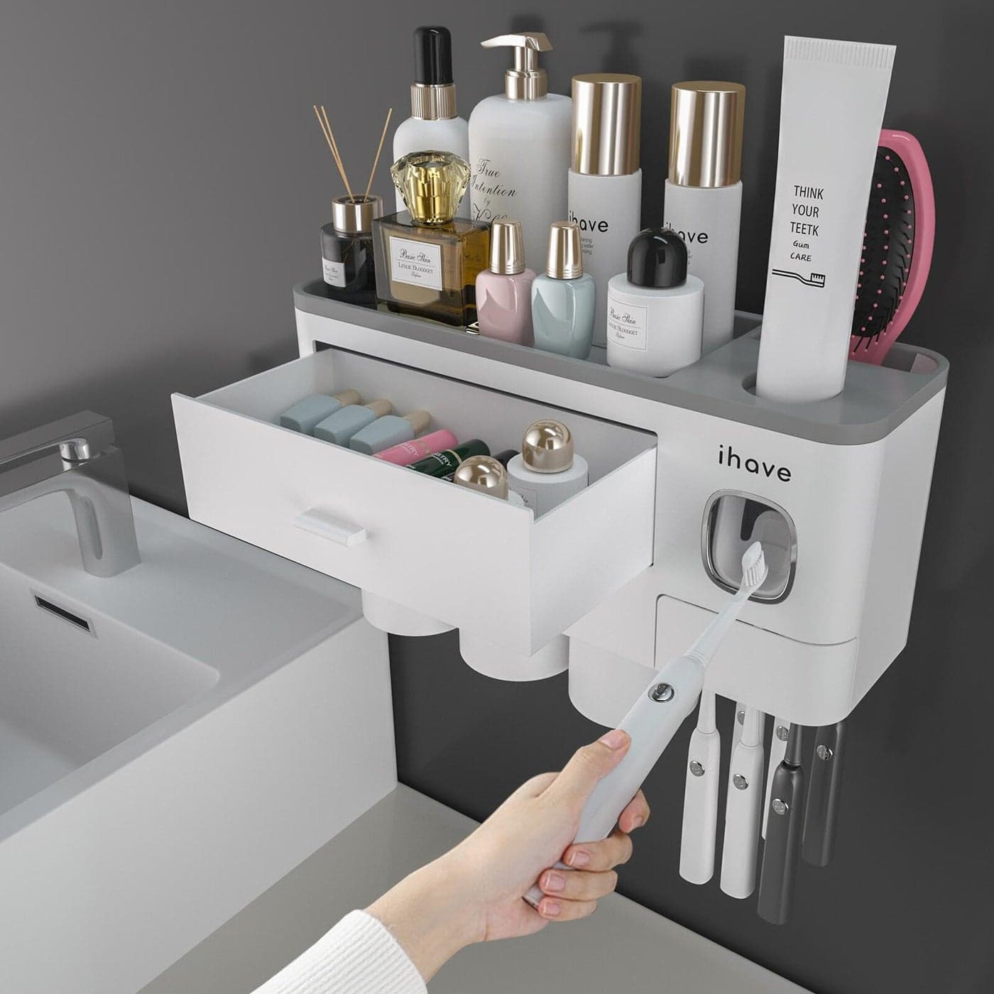 iHave Toothbrush Holders for Bathrooms 3 Cups Toothbrush Holder Wall Mounted with Toothpaste Dispenser Large Capacity Tray Cosmetic Drawer Bathroom Accessories Bathroom Organization Storage