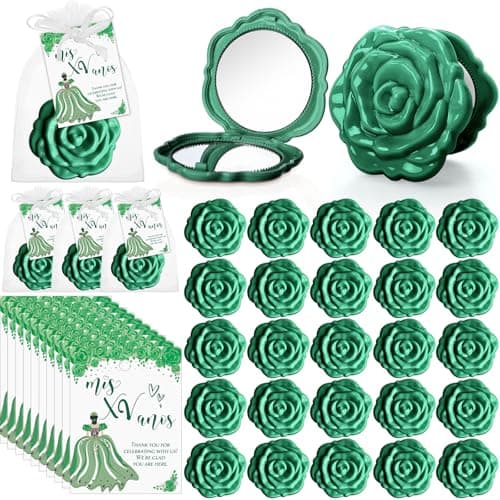 Wenqik 50 Sets Quinceanera Party Favors for Guests Rose Design Compact Pocket Mirrors Quinceanera Cards Thank You Gift and Organza Bags Birthday Party Favor (Green)