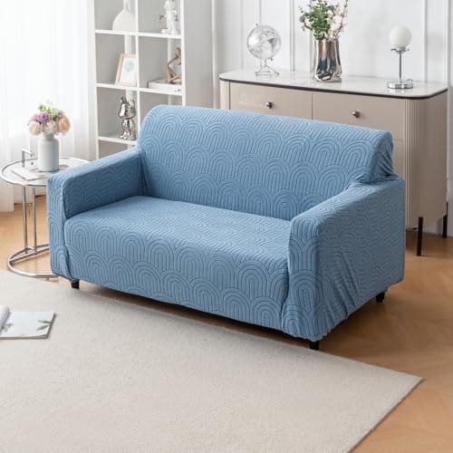 House of Quirk Premium Jacquard Fabric 220 GSM Sofa Cover – Soft, Stretchable Couch Slipcover, Flexible Fit, Wrinkle-Resistant & Easy to Clean (Light Blue, Two Seater)