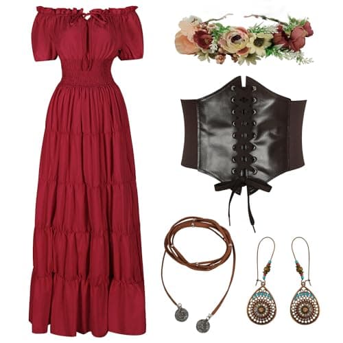 HSDOU 5 Pcs Renaissance Medieval Costume Dress Women Fairy Dress Peasant Cottagecore Dress 1700s Victorian Fantasy Fairy Costume(Z3768RD,3XL)