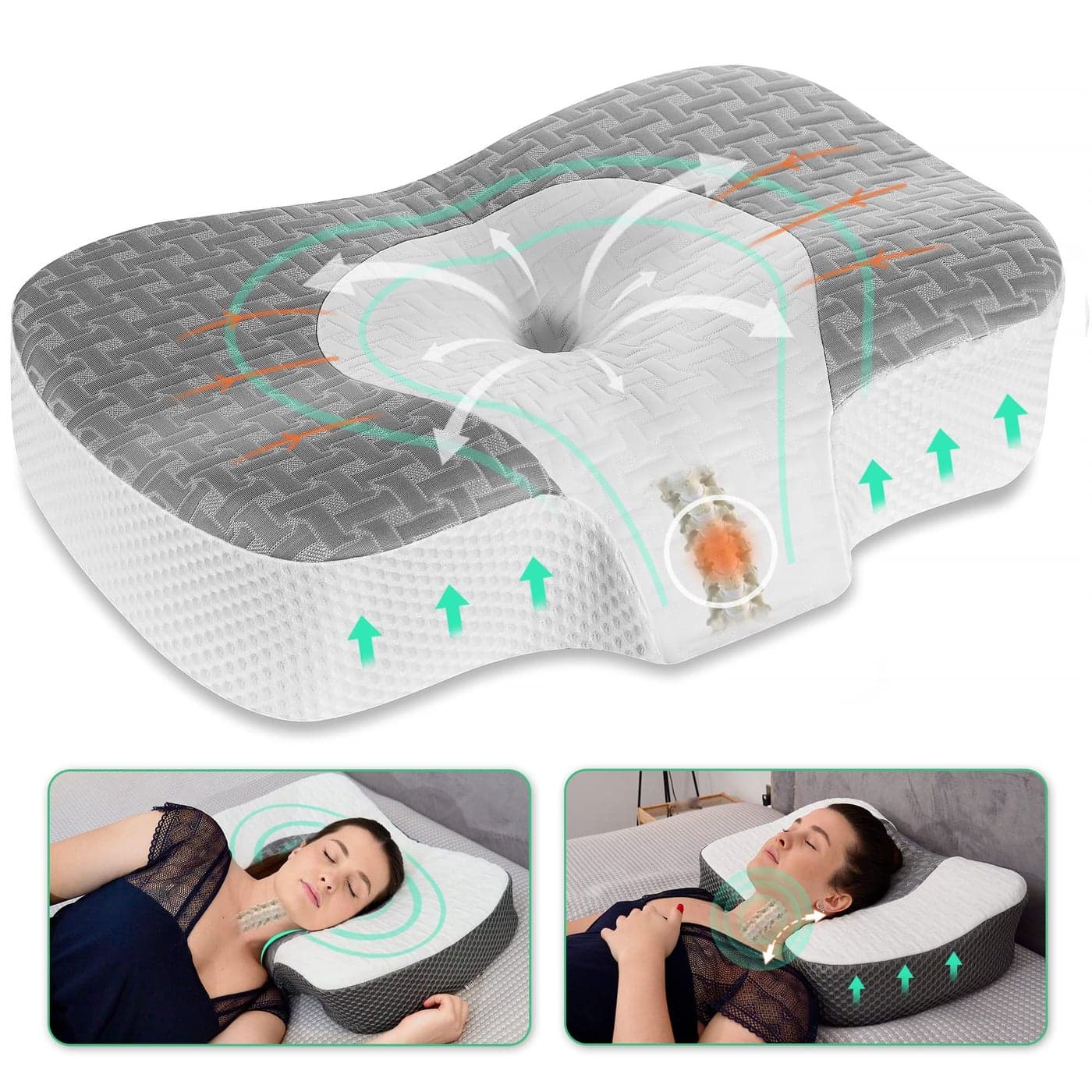Elviros Cervical Memory Foam Neck Pillow for Side Sleeping Orthopedic Pillows for Back and Stomach Sleepers Adjustable Ergonomic Bed Pillow Pain Relief Grey