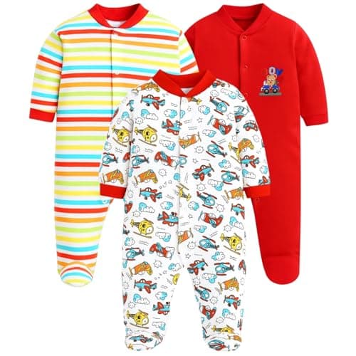 EIO 100% Cotton Sleep Rompers Sleepsuits Jumpsuit Night Suits for Infants Newborn Baby Boys & Girls Pack of 3 (0-3 Months, Yellow,9-12 Months, Red)