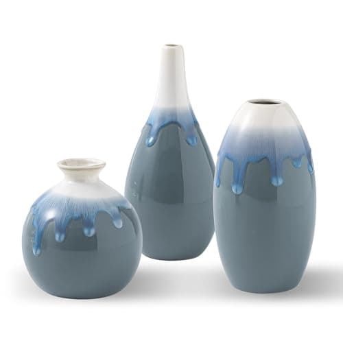 SiegenPro Ceramic Vase Set of 3, Farmhouse Decor, Home Decorative Vases for Kitchen, Bedroom, Office, Living Room, Bathroom, Shelf Centerpiece Table, Terracotta Pottery Vases Set Gift Blue