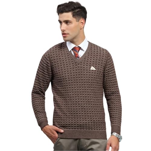 Monte Carlo Mens Check Brown V Neck Full Sleeve Pullover (1243238VN-2-46)