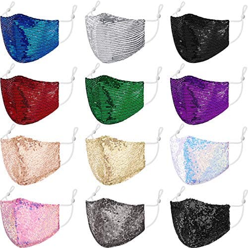 Syhood 12 Pieces Glitter Sequins Mouth Covers Shiny Masquerade Mouth Covering Adjustable Reusable Face Bandana for Women, 2 Styles