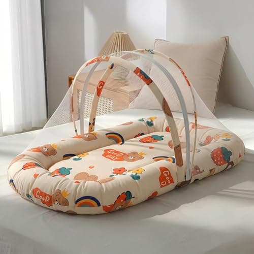 StarAndDaisy 3 in 1 Baby Nest Mosquito net for Sleeping - Newborn, Mosquito net for Baby/Soft and Comfortable Bed, Washable Cotton Design for 0-12 Months Baby (Rainbow Print)