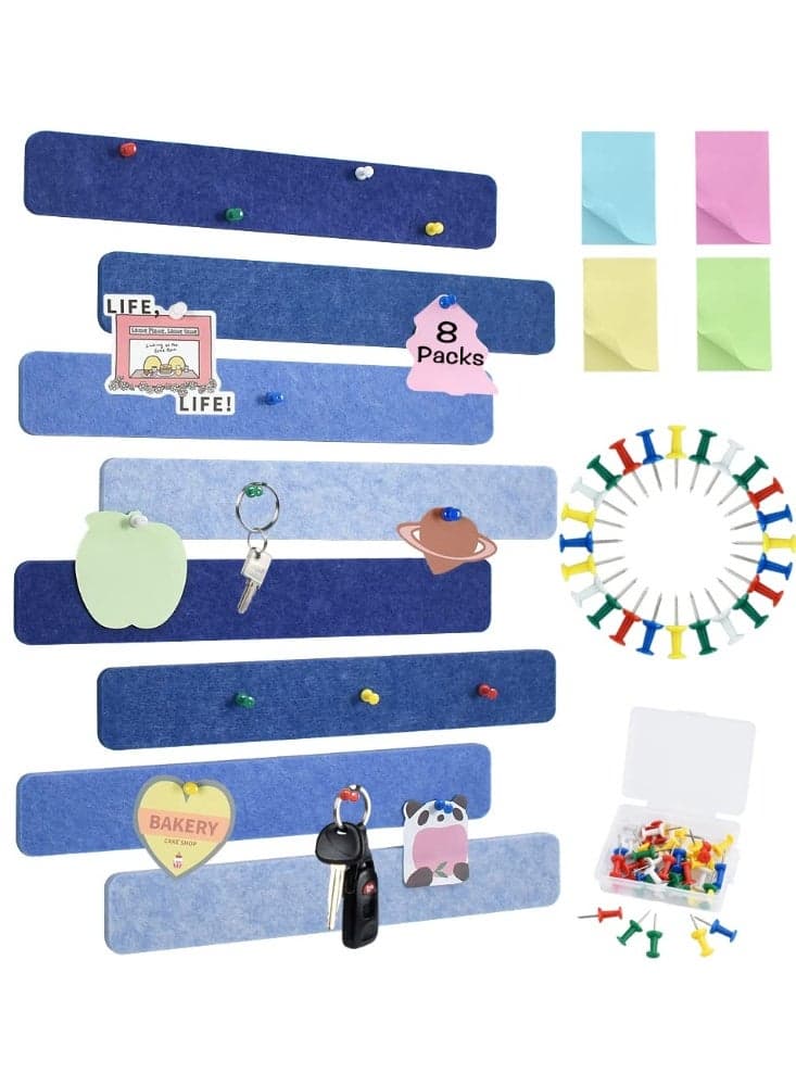8 pcs Bulletin Board Bar Strips with 50 Push Pins,Self Adhesive Cork Board for Wall,Felt Pin Board for School,Office Decor(Blue)