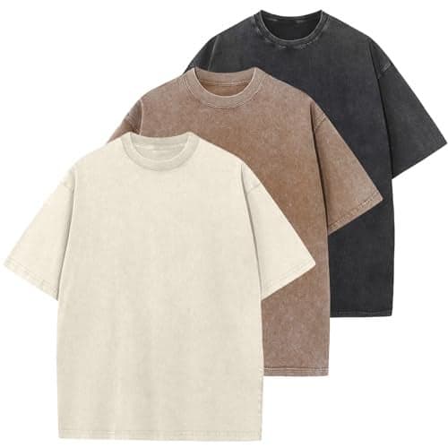 3 Pcs Oversized Heavy Cotton Summer T-Shirts Vintage Unisex Short Sleeves Casual Loose Basic Tops(Beige+Coffe+Black L)