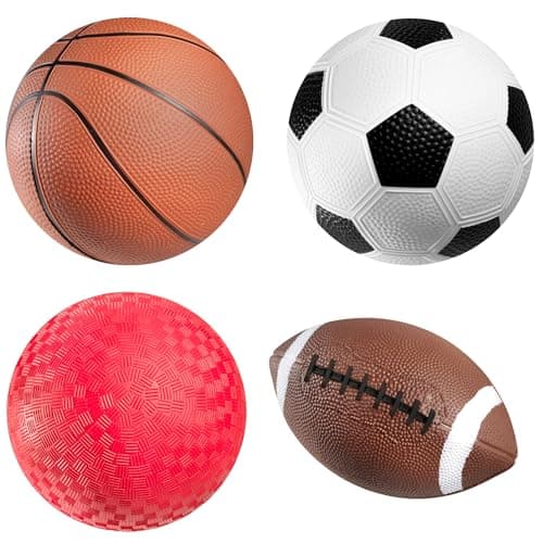 Sports Balls for Kids Toddlers Pack of 4 5inch Sports Set Includes Football Small Size Soccer Basketball and Playground Balls Fun Indoors Outdoor Toys Hand Pump Included