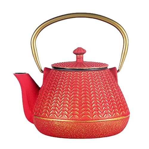 Small Cast Iron Tea Kettle for Stovetop Safe, Red Tea Pot Coated with Enameled Interior, Durable Teapot with Stainless Steel Infuser for Loose Leaf (1000ml/34oz)
