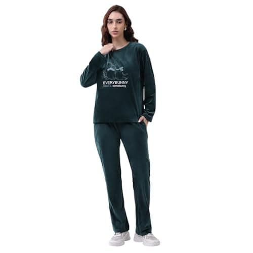 Monte Carlo Women's Winter Lower Set | Regular Fit Printed Design | Round Neck Full Sleeves | Warm & Stylish Fashion Outfit | Pajama Set for Women Green L (Pack of 1)