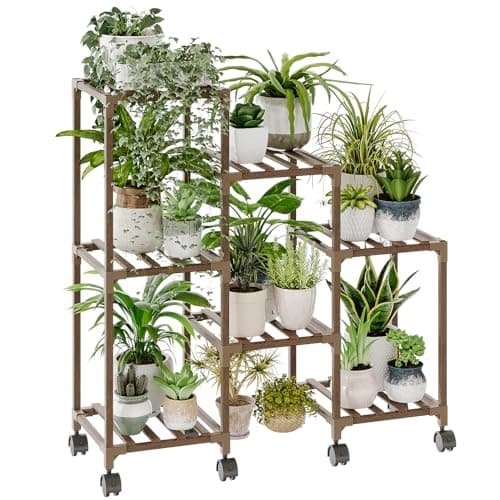 Bamworld Plant Stand with Wheels for Indoor Plants Wood Outdoor Tiered Shelf 3 Tire 7 Potted Ladder Plant Holder Table Pot Stand for Window Garden Balcony Patio Living Room (natureDL)