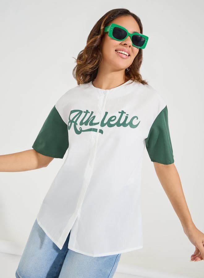 Contrast Sleeve Varsity Print Collarless Shirt — L