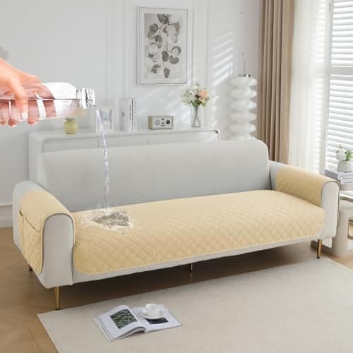 HOKIPO Water Repellent + Waterproof Sofa Seat Mat for 1 Seater Sofa with 2 Armrest Covers with Pockets - Beige (AR-5268-71-BGE*2)