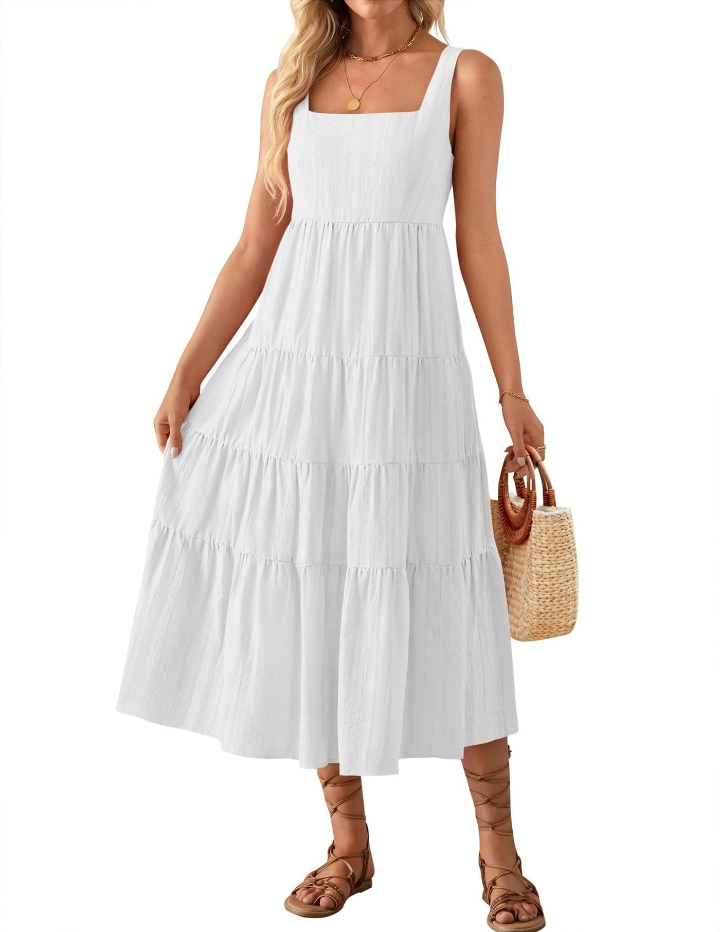 ZESICA Womens Summer Sleeveless Dress Casual Backless Loose Flowy Tiered Sundress Beach Cover up Tank DressesWhiteSmall