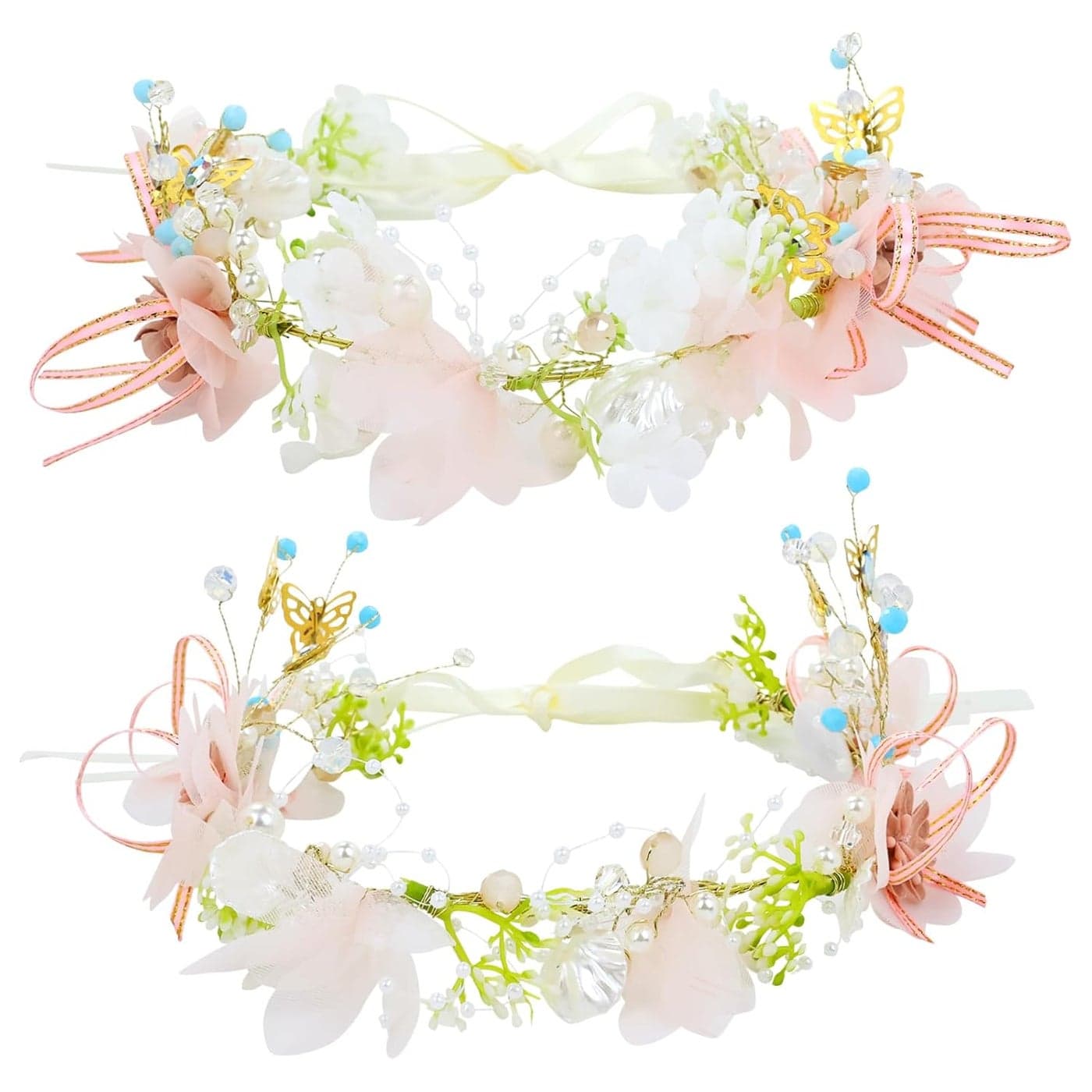 inSowni 2pcs Adjustable Flower Girl Headbands with Ribbon Pearl Crystal Bow Butterfly Gold Vine Wedding Bridal Flower Crowns Tiaras Wreaths Headpieces for Brides Bridesmaids Women Girls Teens Kids