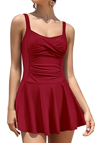 SHEKINI Women Retro One Piece Skirt Swimsuit Ruched Crossover Swimdress Bathing Suit (Wine Red, Small)