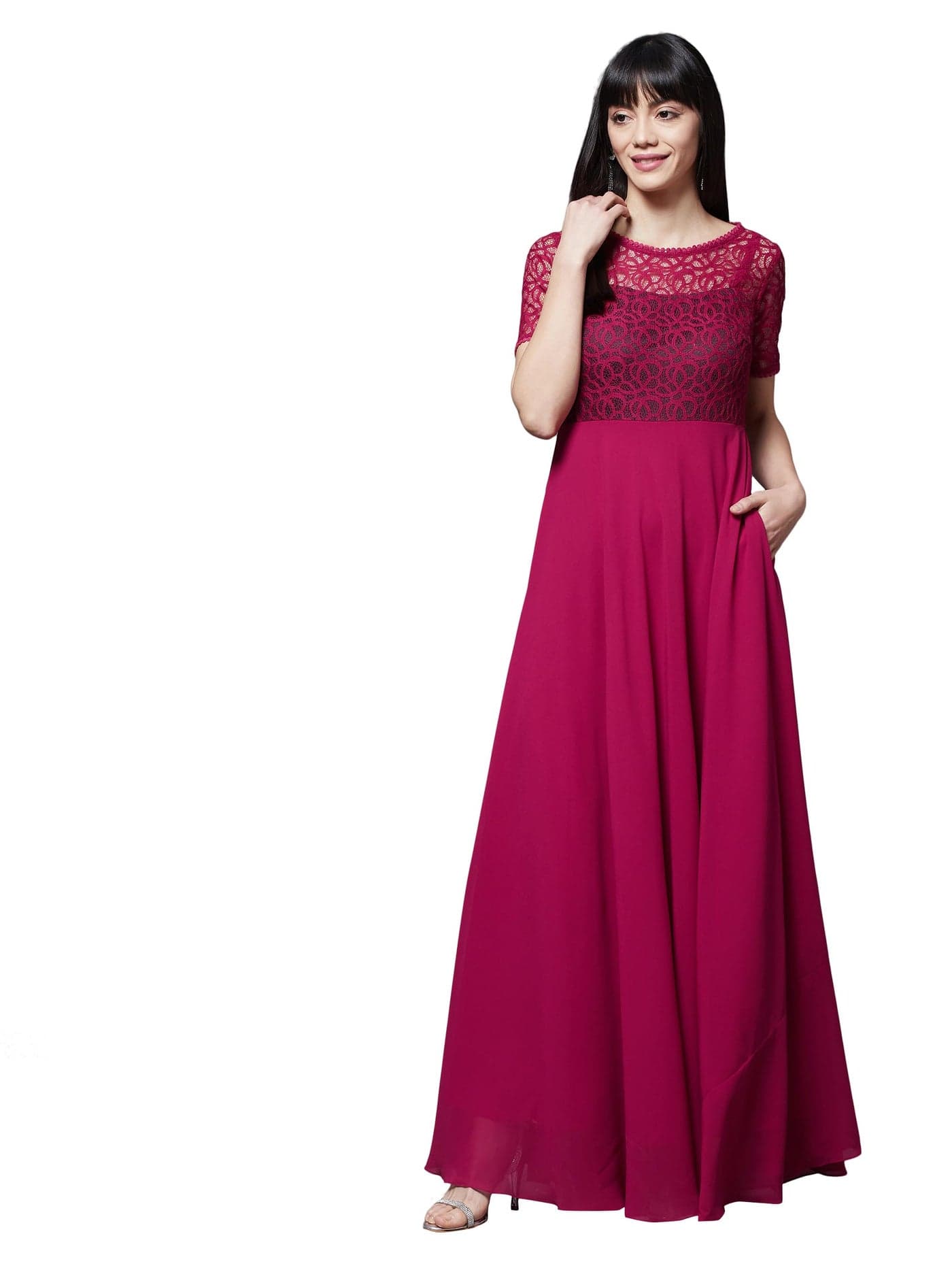 Miss Chase Women's Round Neck Half Sleeve Maxi Dress (MCSS25D93-27-622-06, Deep Pink, XL)