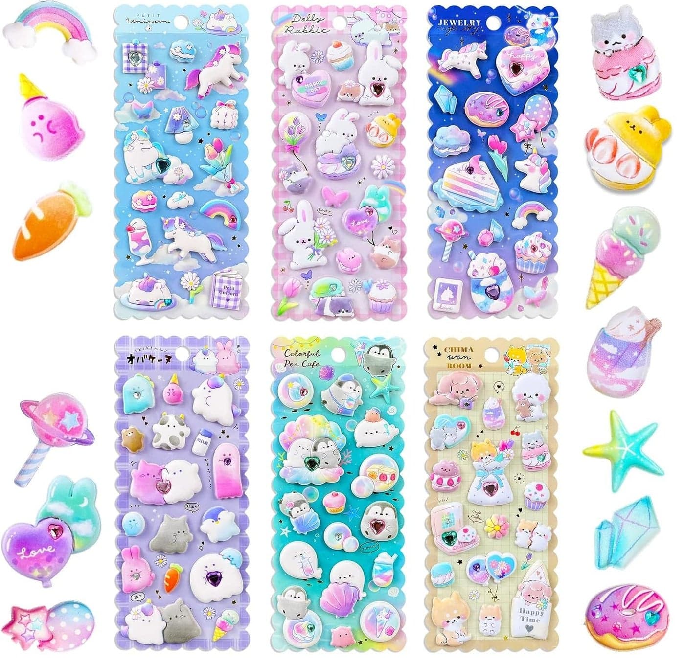 FunBlast Kawaii Stickers Set – 6 Sheets, 90+ Pcs Puffy Sticker for Kids, 3D Sticker for Girls, Foam Stickers for Kids, Self Adhesive Stickers