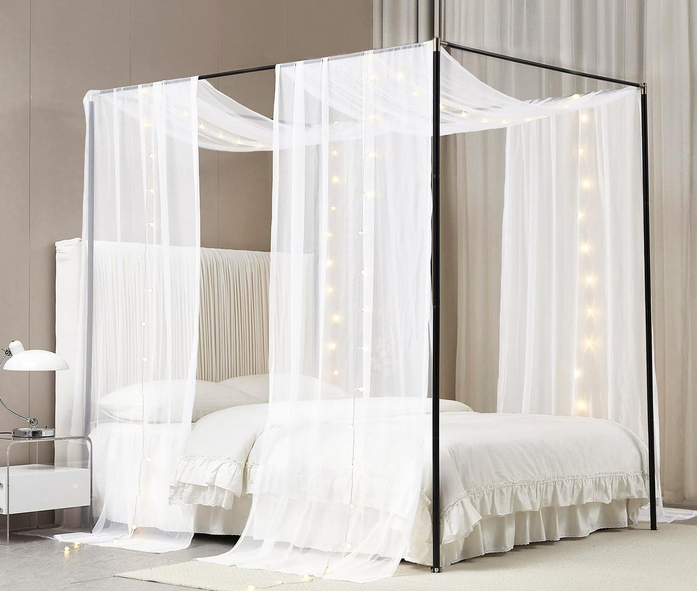 Akiky Canopy Bed Curtains with Light Princess Bed Canopy Scarf for FullQueen Metal Bed FrameWood Frame Bed2 Panel Sheer CurtainFullQueenWhite