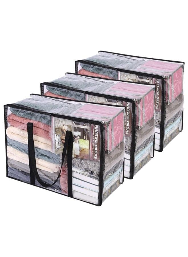 3Pcs Clear Clothes Storage Bag, Foldable Moving Bags with Zipper Handle,Underbed Storage Organizer Bag,Waterproof and Dustproof, Sturdy and Durable,for Bedding, Duvet, Comforter,Pillow,Toys,46*23*38cm