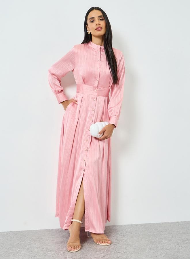 Pink Long Sleeves Shirt Maxi Dress